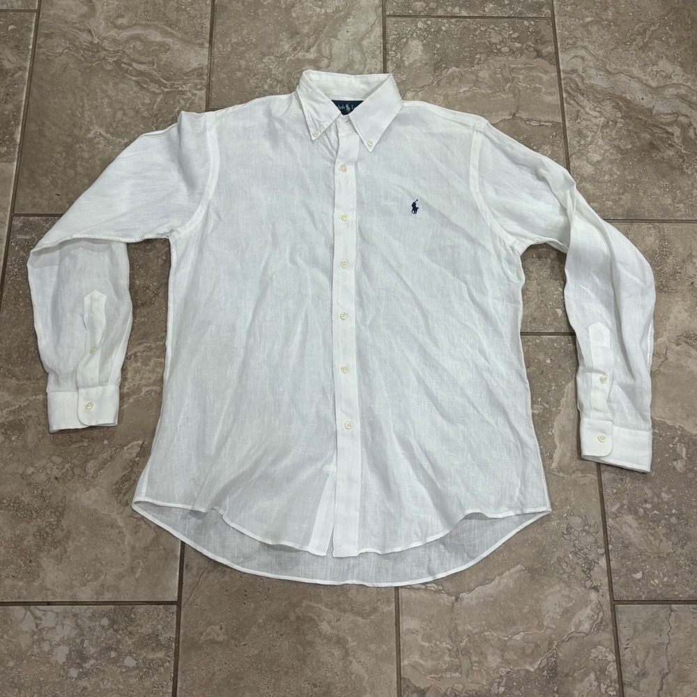 Polo Ralph Lauren Mens White 100% Linen Custom Fit Long Sleeve Pony Logo Shirt M